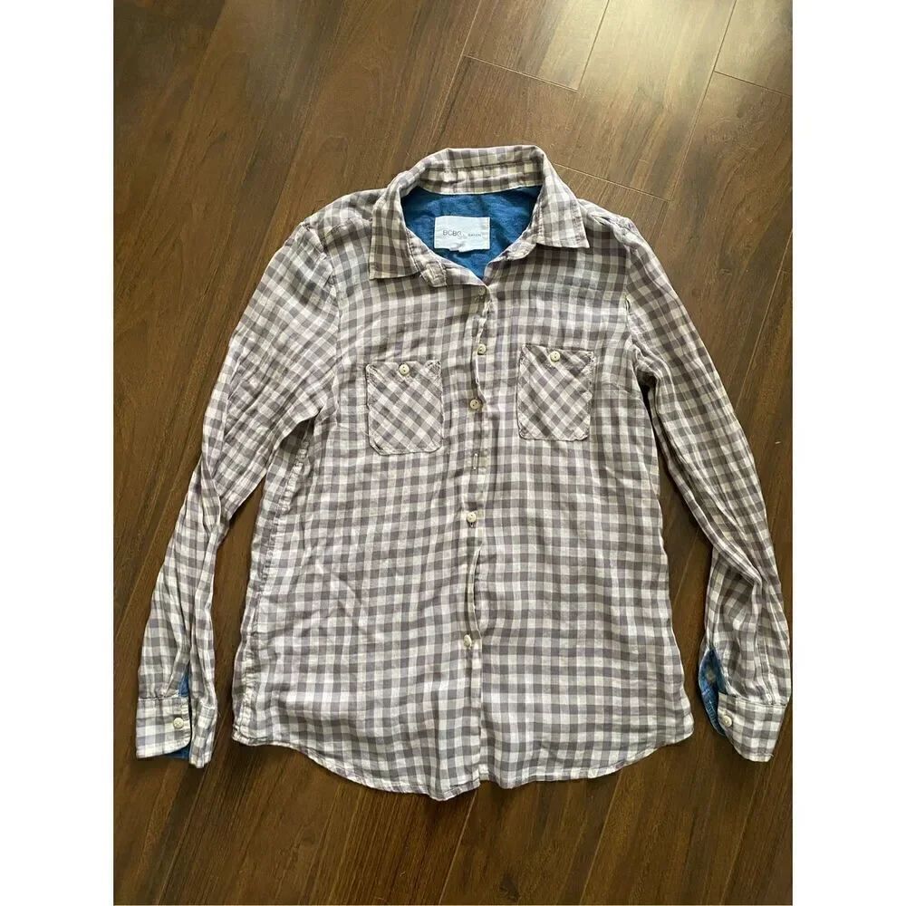 BCBGeneration S plaid checkered lightweight button down collared long sleeve shi